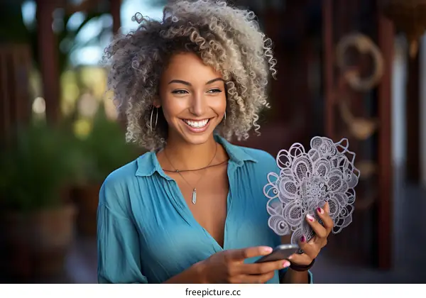 Smiling woman holding a paper cut design in her hand and a phone in the other hand