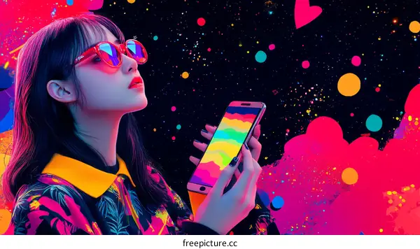 Stylish Asian Woman with Smartphone in Vibrant Artistic Illustration