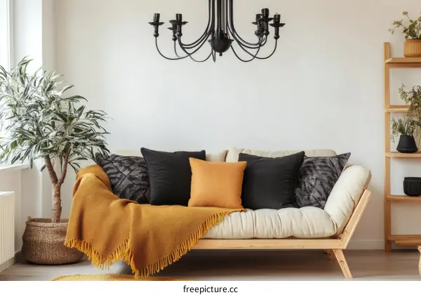 Modern Living Room with Wooden Sofa and Mustard Throw