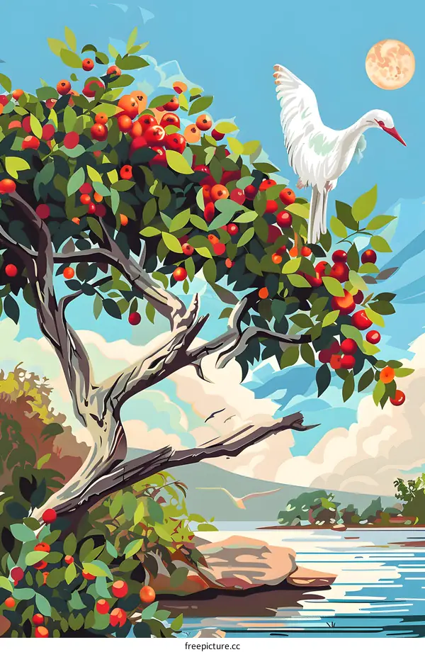 White Bird on a Tree Branch with Red Berries