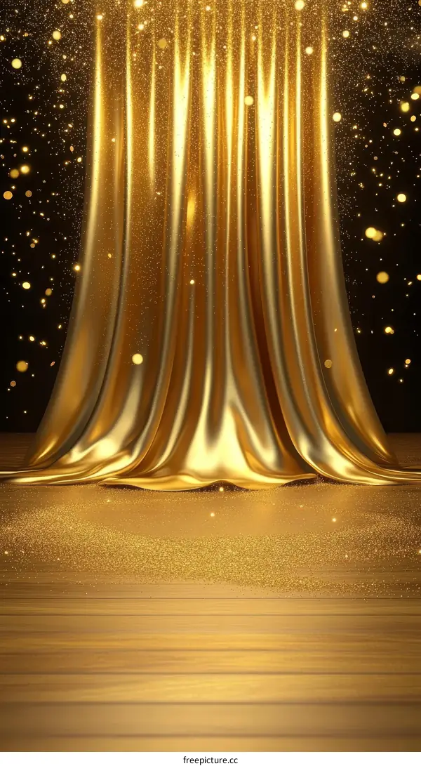 Golden Curtain Stage Background with Sparkling Floor