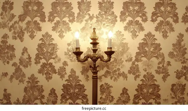 Vintage Damask Wallpaper with Golden Candelabra