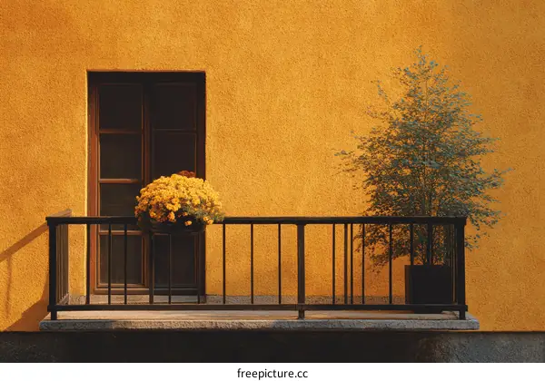 Sunny Yellow Building Balcony with Flowers and Plants