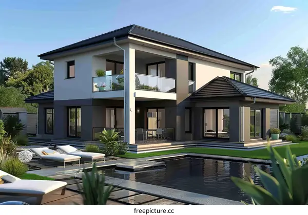Modern House Exterior Design with Pool and Patio