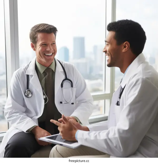 Two doctors are sitting on a couch in a hospital room talking and laughing