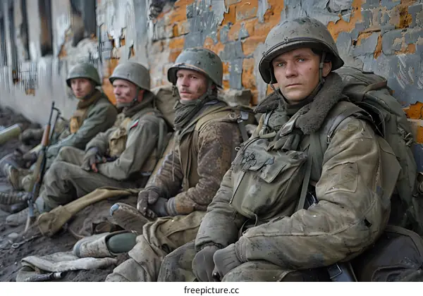 World War II Soldiers Resting Against a Brick Wall