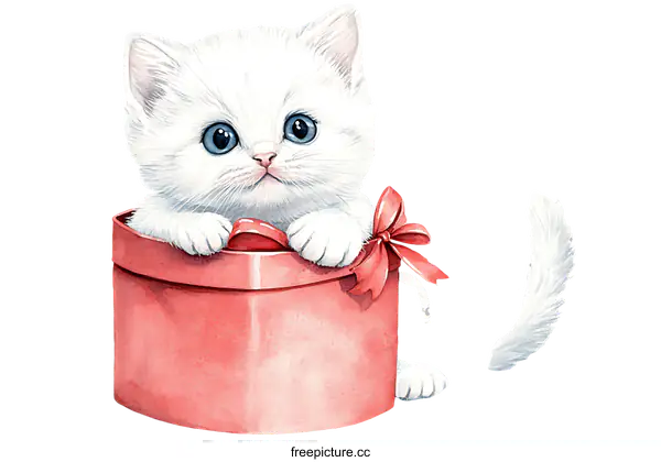 [Transparent Background PNG]Cute White Kitten in a Gift Box Illustration