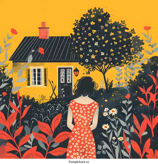 A Woman Standing in Front of a Yellow House with Flowers