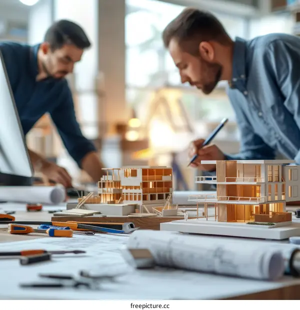 Two architects discussing over a building model