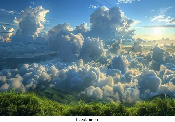 Awesome view of a vast mountain range with clouds and greenery