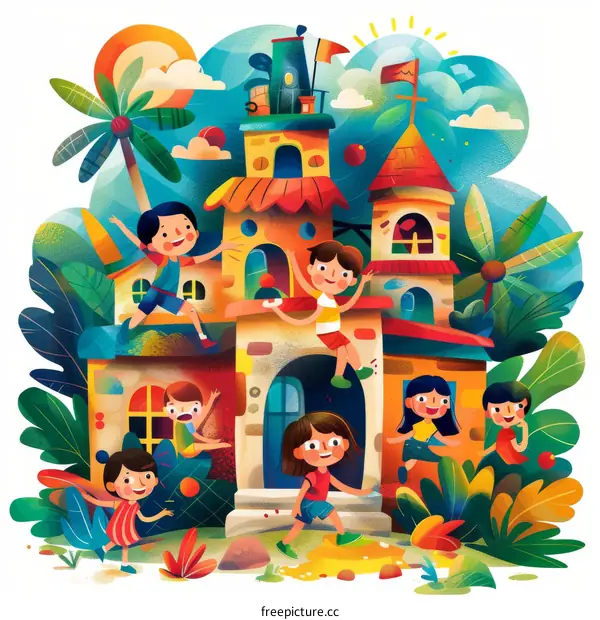 Happy children playing around a colorful castle