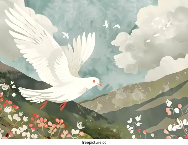 White Dove Flying Over Mountains and Clouds