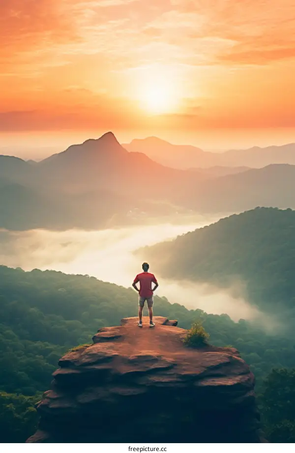 Man standing on a mountaintop overlooking a valley with a beautiful sunset