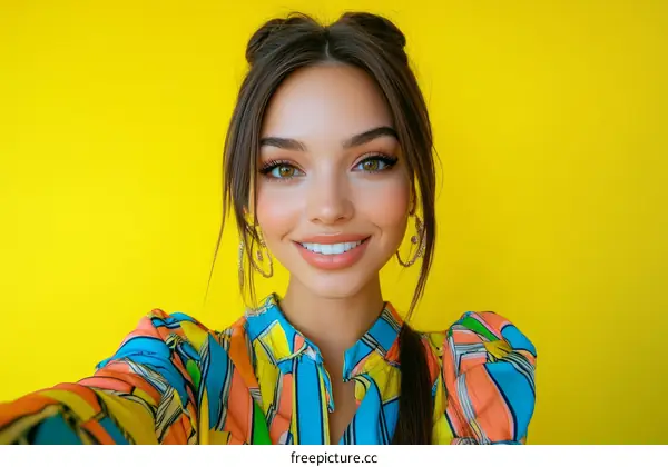 Smiling Woman in Colorful Outfit Against Yellow Background