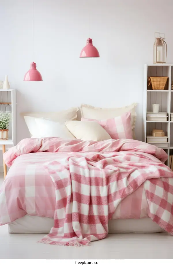 A cozy pink and white bedroom with a gingham blanket