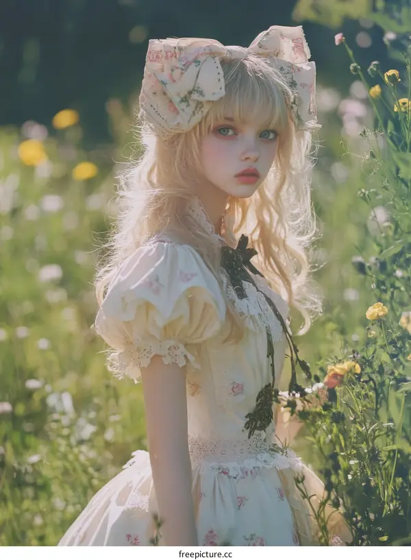 Fairytale Girl in a Floral Dress Outdoors