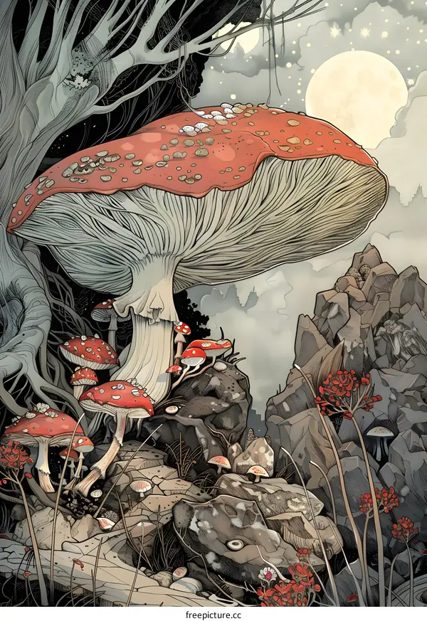 Fantasy Mushroom Forest Illustration with Moon