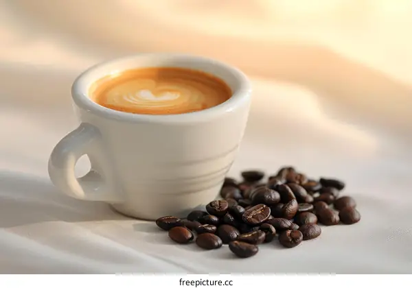 Cappuccino in a white cup with coffee beans