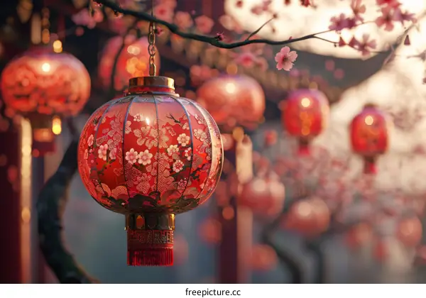 Red Chinese Lanterns and Plum Blossoms