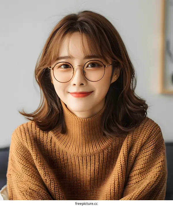 Smiling Woman with Short Brown Hair Wearing Glasses and a Brown Sweater