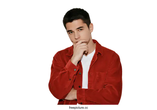 [Transparent Background PNG]Young man in red jacket with thoughtful expression