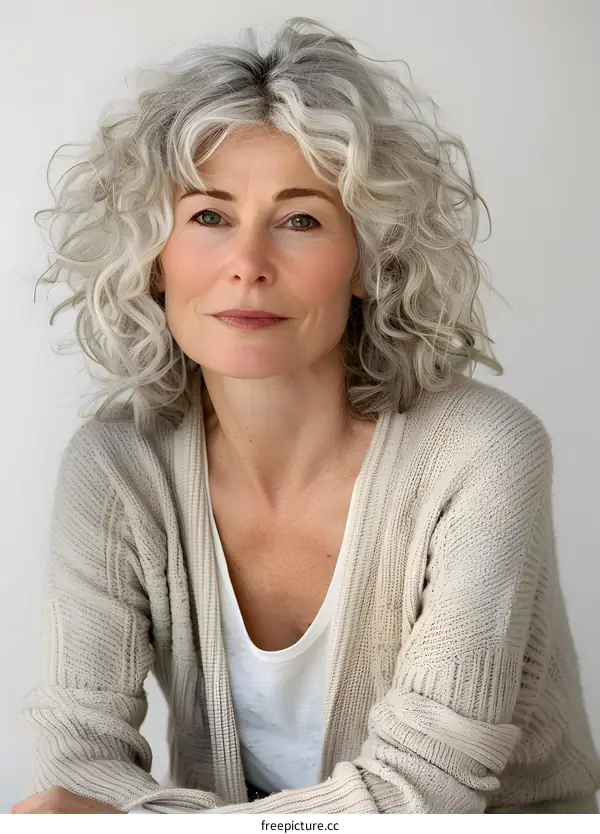 Portrait of a Woman with Gray Hair and a Beige Cardigan