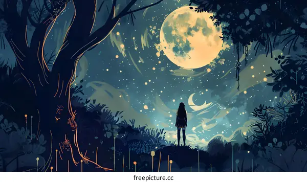 Woman Looking at the Full Moon in the Night Sky