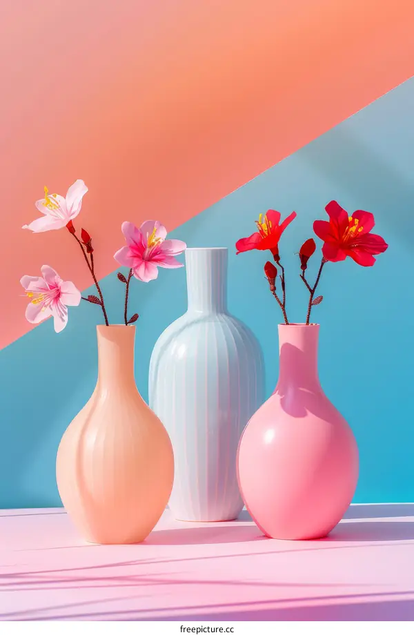 Three White Vases with Flowers on a Pastel Pink and Blue Background