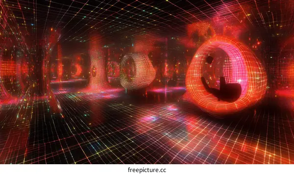 Futuristic Digital Interior Space with Silhouettes