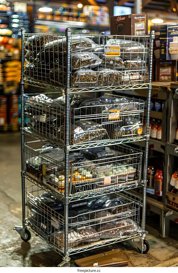 Metal Wire Cart Filled With Bags Of Bulk Spices