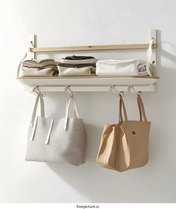 White Wall Mounted Shelf with Hooks and Bags