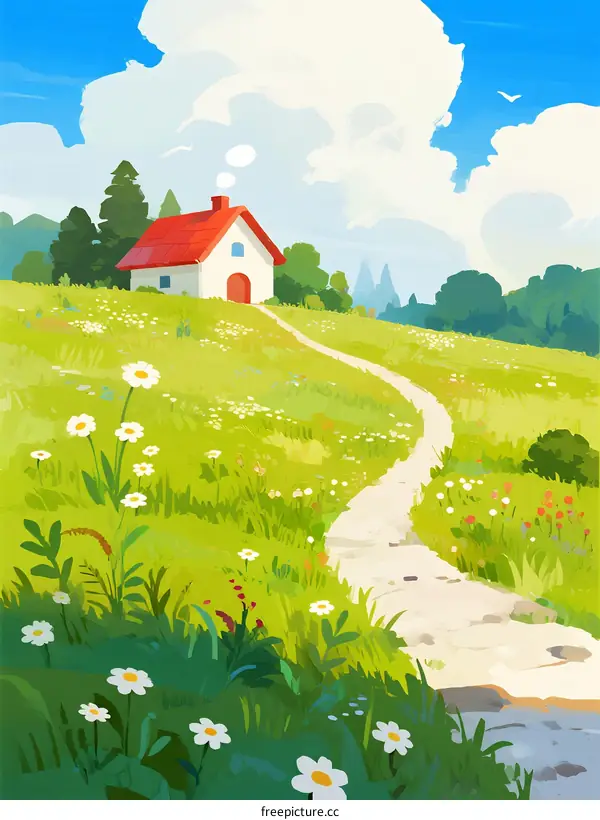 A Scenic Path Leading to a Red Roof Cottage in a Green Meadow