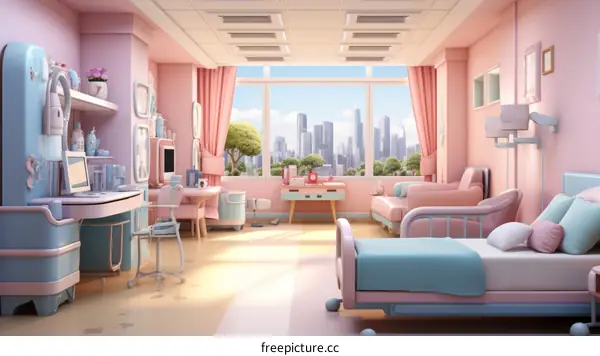 A pink and blue themed hospital room with a large window looking out onto a cityscape