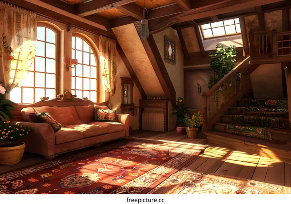 Cozy Living Room Interior Design with Wooden Beams and Arched Windows