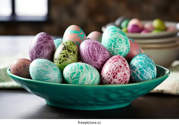 A bowl filled with colorful Easter eggs
