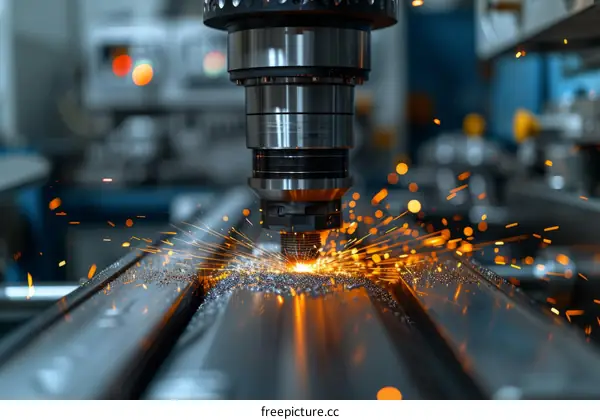 Industrial metalworking, metal cutting with sparks, close-up