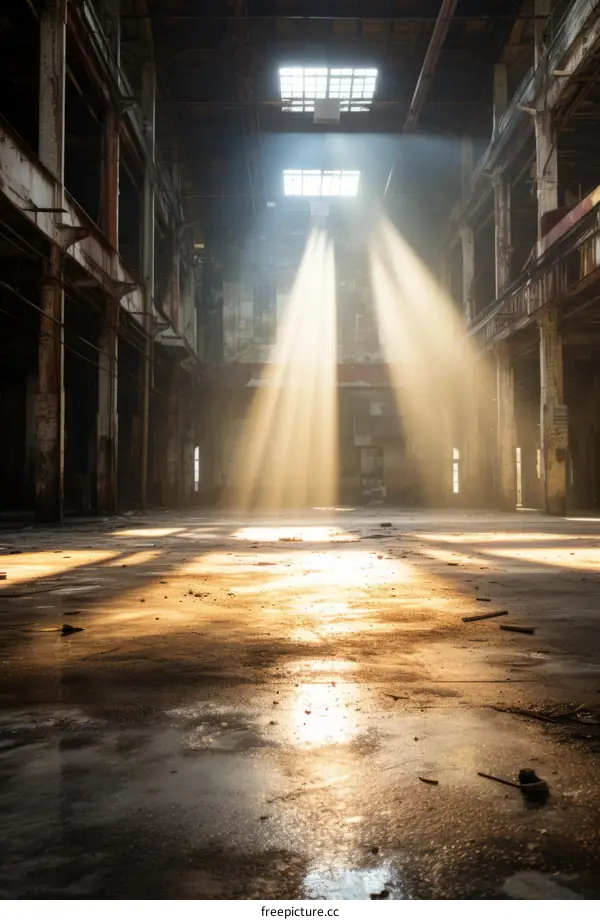 Light rays shining through the roof of an abandoned factory