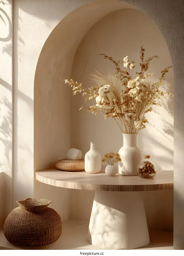 Minimalist Interior Design with Dried Flowers in a White Vase on a Wooden Table