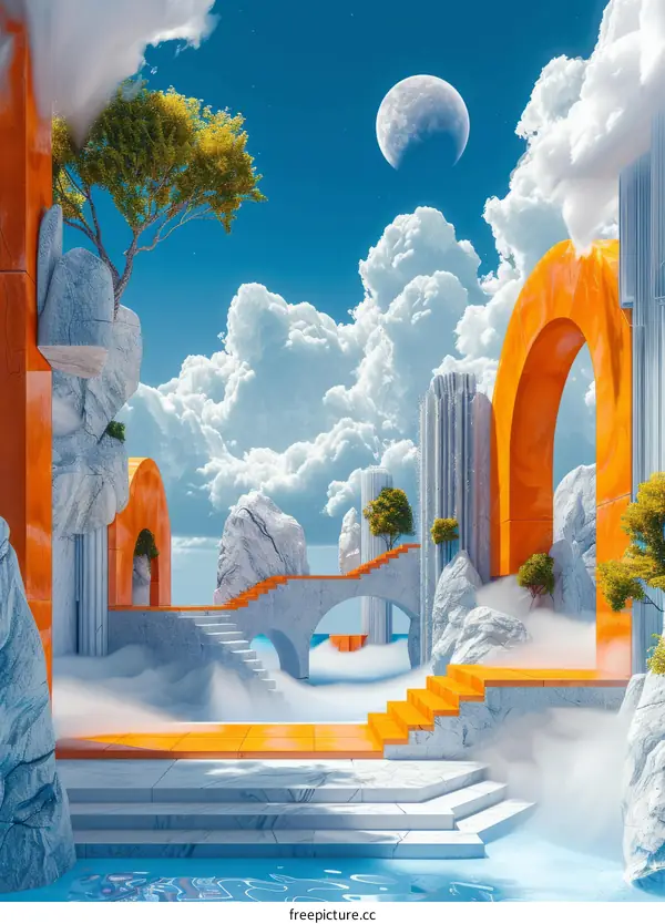 Surreal landscape with floating rocks and trees