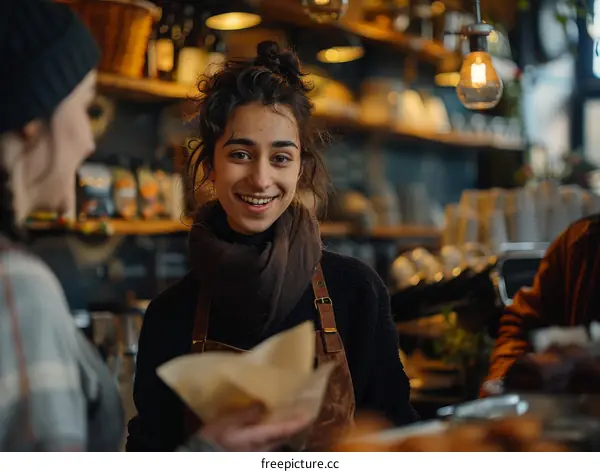 Portrait of a happy young woman working at a cafe