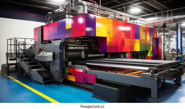Large industrial printing machine with rainbow-colored panels