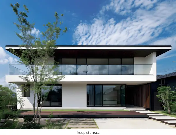 Modern White House with Glass Balcony and Wooden Deck