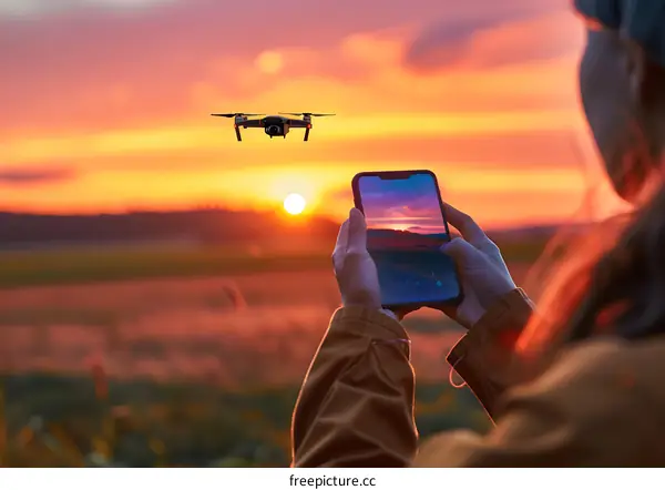 Woman Taking Photo of Drone Flying Over Field at Sunset