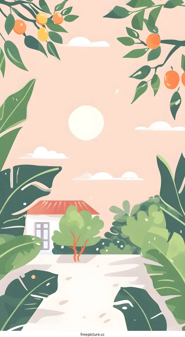 Summer Landscape with House and Palm Trees