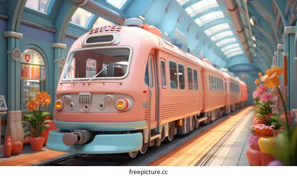Pink and Blue Train at a Flower-Adorned Station