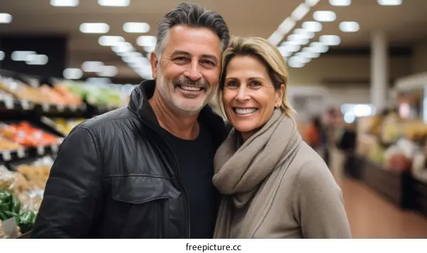 Happy couple shopping for groceries in supermarket