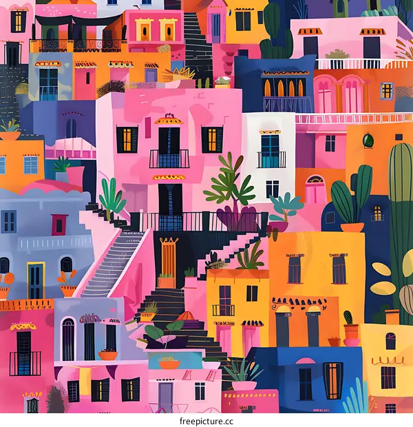 Colorful Buildings and Steps in a Small Town