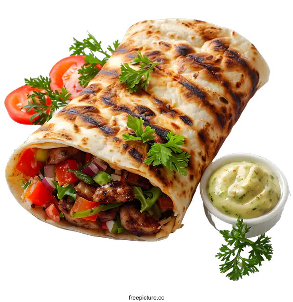 [Transparent Background PNG]A delicious and healthy Mediterranean wrap with grilled chicken, vegetables and hummus