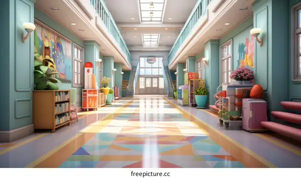 An illustration of an elementary school hallway