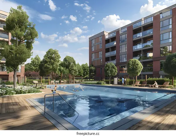 Outdoor Swimming Pool In Front of Modern Apartment Building